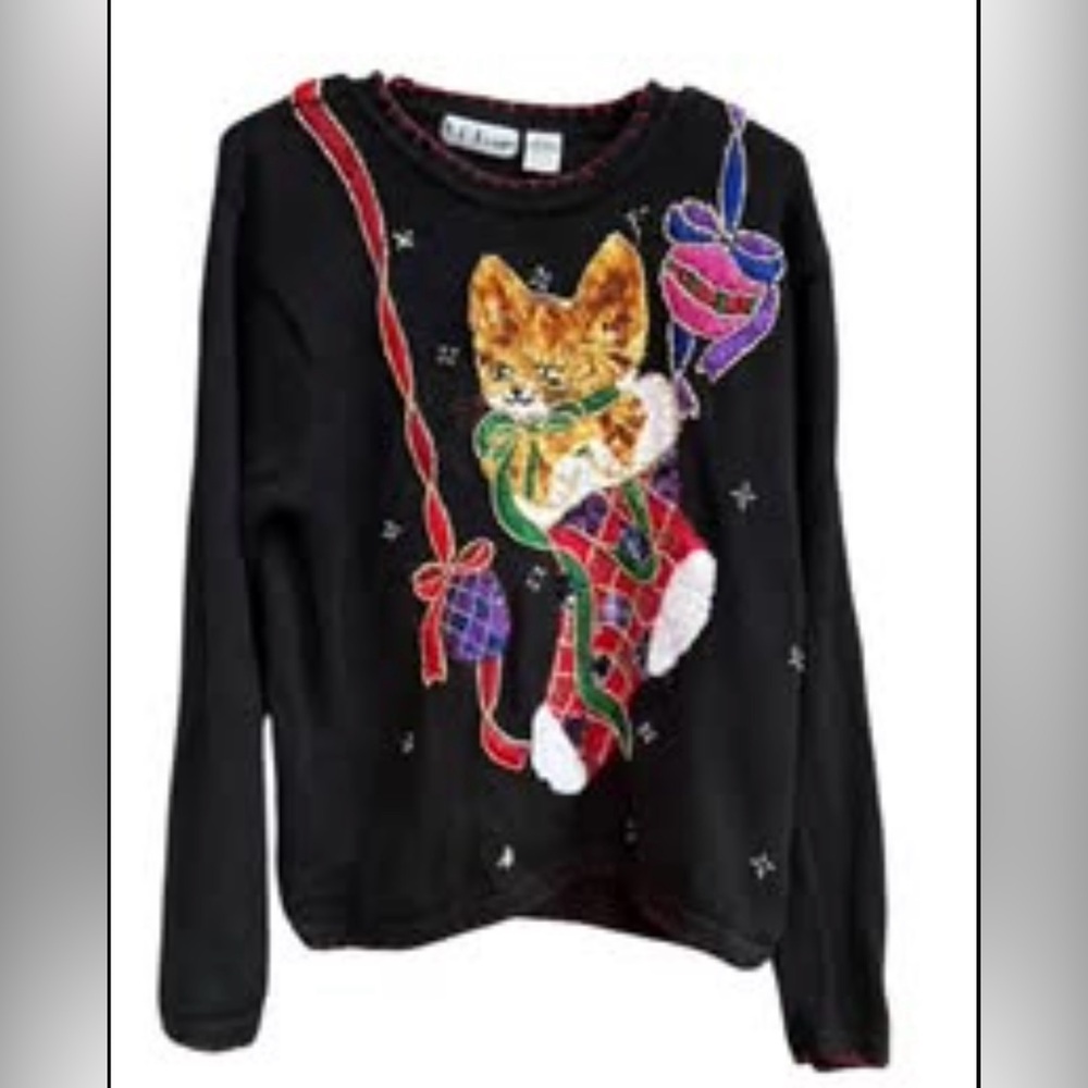 Vintage Kitten in a Stocking Christmas Sweater Size M